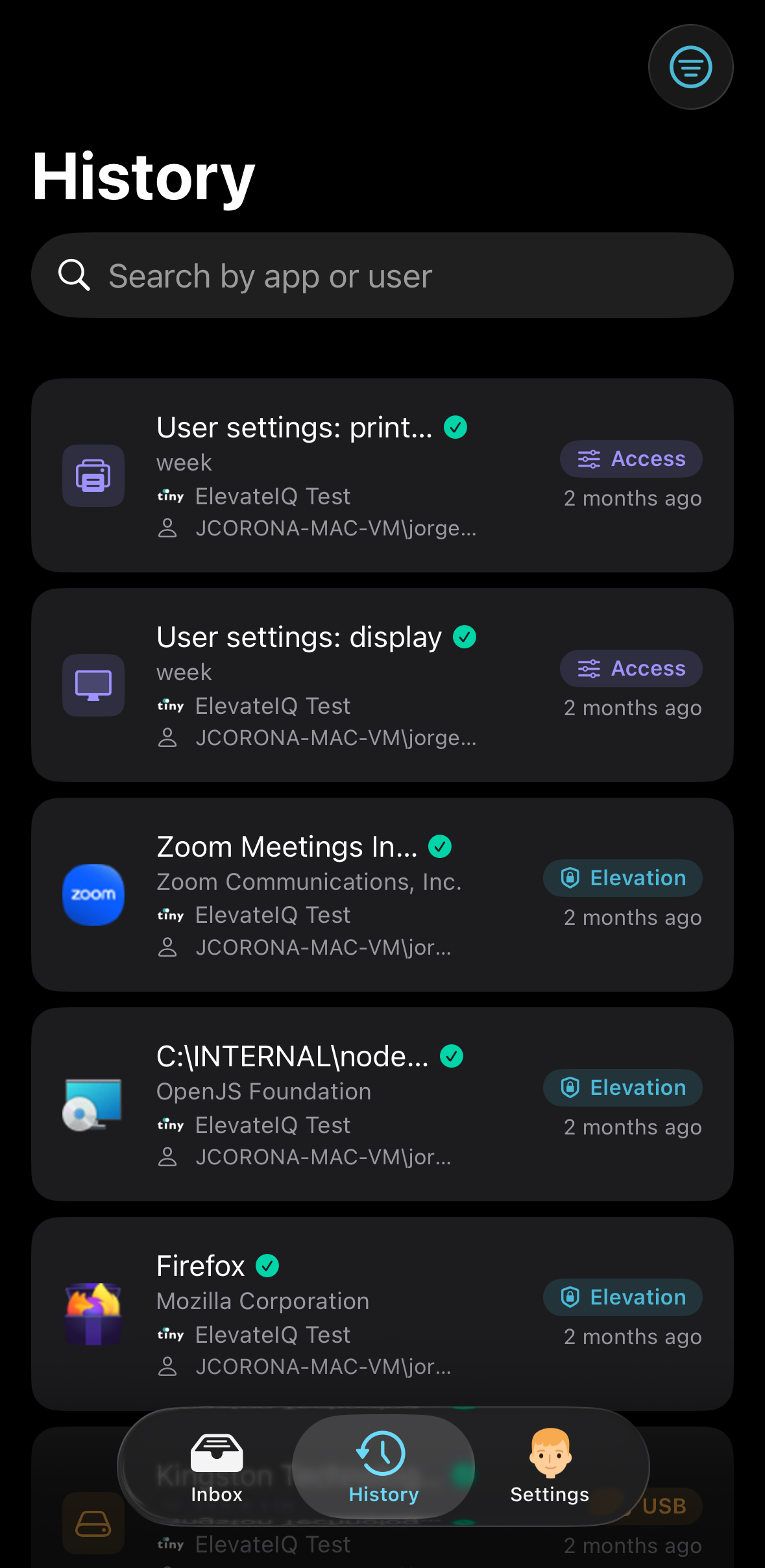 ElevateIQ Approver app, request history on iPhone