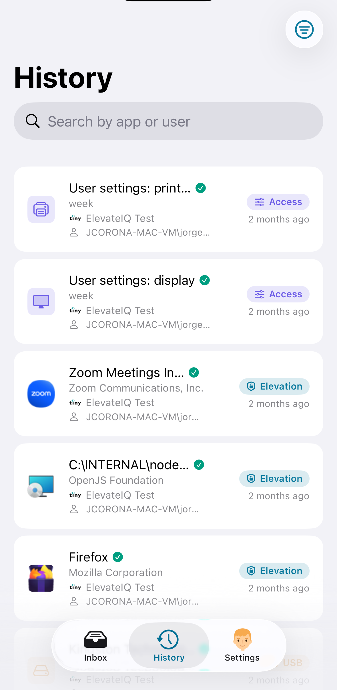 ElevateIQ Approver app, request history on iPhone